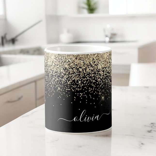 Caneca De Café Nome Monograma Brilho Glitter Dourado Preto Femini (Criador carregado)