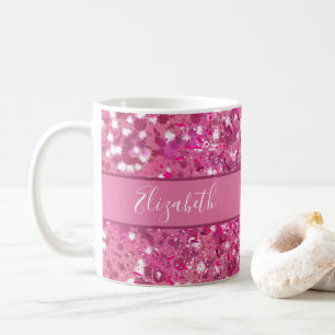 Caneca De Café Nome Monograma Brilho Rosa Quente Brilho Glam Femi