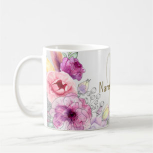 Caneca De Café Nome Monograma Colorido Rosa Floral Prata Elegante