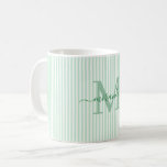 Caneca De Café Nome Monograma com Faixa Verde Moderna<br><div class="desc">Comece a sua manhã com estilo com esta caneca de café listrada verde personalizada, projetada para trazer charme atemporal a cada gole. Com um fundo listrado suave em verde e branco, esta caneca elegante é personalizada com a inicial do seu monograma e nome completo em uma fonte de letra cursiva...</div>