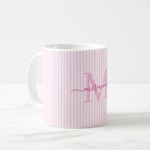 Caneca De Café Nome Monograma com Listras Rosa Moderno