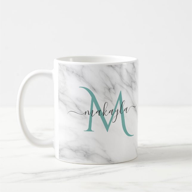 Caneca De Café Nome Monograma do Script Classy Girly Marble (Esquerda)