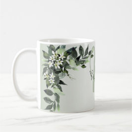 Caneca De Café Nome Monograma Folhas de Eucalipto Floral Verde