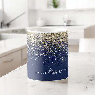 Caneca De Café Nome Monograma Menina Azul Marinho Dourado Brilho 