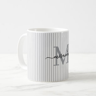 Caneca De Café Nome Monograma Moderno com Listra Cinza