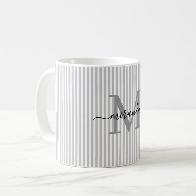 Caneca De Café Nome Monograma Moderno com Listra Cinza (Frente Esquerda)