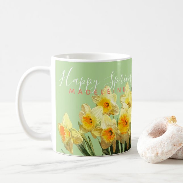 Caneca De Café Nome Monogrammed dos Daffodils felizes do amarelo (Com Donut)
