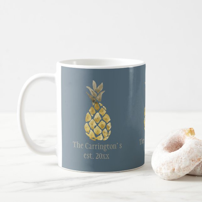 Caneca De Café Nome Personalizado Abacaxi Rustic Blue (Com Donut)