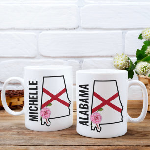 Caneca De Café Nome personalizado Alabama Flag e State Flower Cam