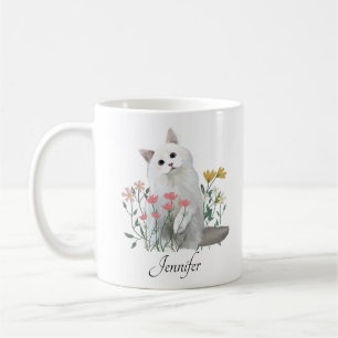 Caneca De Café Nome Personalizado Amantes de Gato Branco
