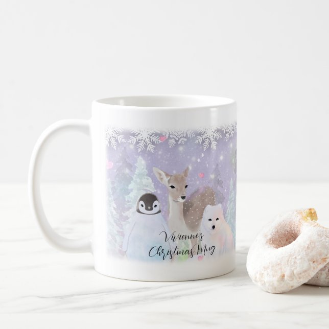 Caneca De Café Nome Personalizado Animais do Ártico Wonderland (Com Donut)