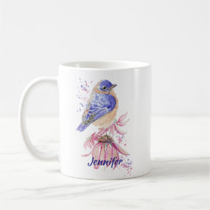 Caneca De Café Nome personalizado Aquarela Bluebird Garden Bird A