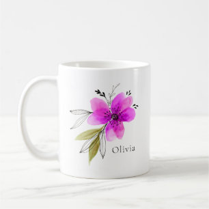 Caneca De Café Nome Personalizado Aquarela Rosa Vibrante