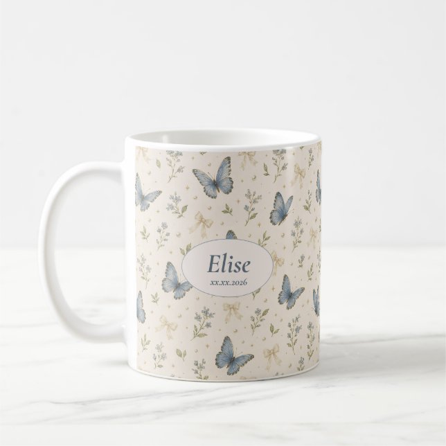 Caneca De Café Nome Personalizado Arco Borboleta Azul Presente Fl (Esquerda)