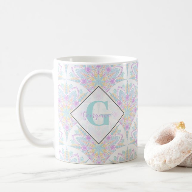 Caneca De Café Nome Personalizado Art Deco Pastel Rainbow Floral  (Com Donut)
