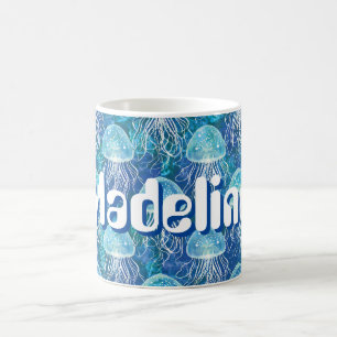 Caneca De Café Nome Personalizado Azul Brilho Branco e Aqua Jelly