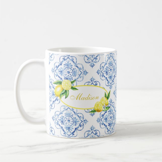 Caneca De Café Nome Personalizado Azulejo Azul Limão Floral Itali (Esquerda)