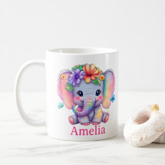 Caneca De Café Nome Personalizado Baby Elephant Floral Mug, Para