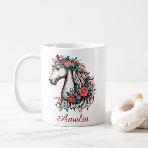 Caneca De Café Nome Personalizado Boho Horse com Flores