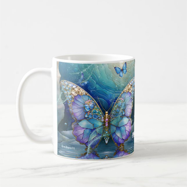 Caneca De Café Nome Personalizado Borboleta Azul Roxo Presente pa (Esquerda)