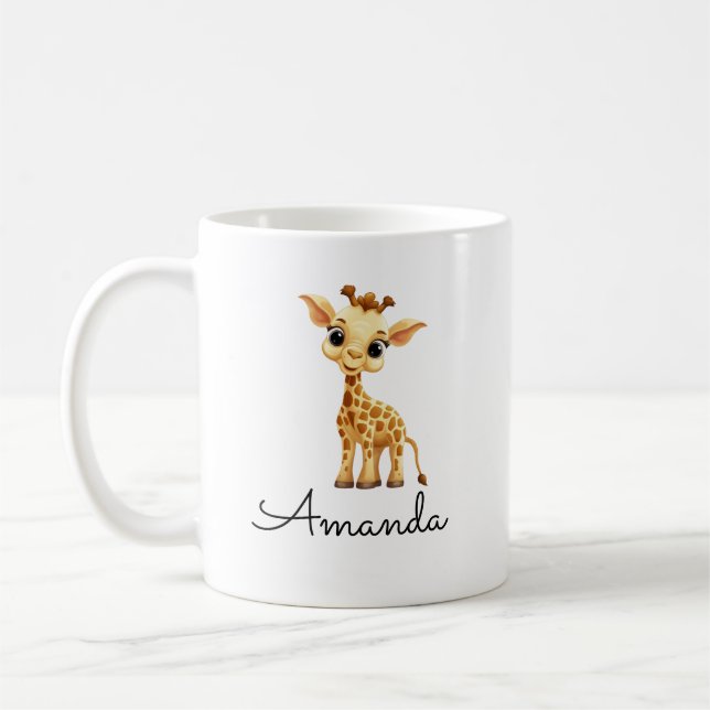 Caneca De Café Nome Personalizado Branco Cónico Crianças Girafa (Esquerda)