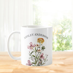 Caneca De Café Nome Personalizado Buquê de flor amarela púrpura