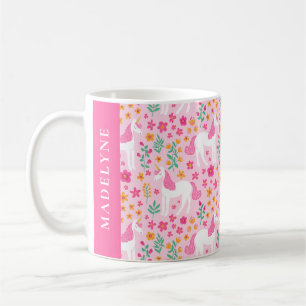 Caneca De Café Nome Personalizado Cor-de-Rosa Padrão Floral Unico