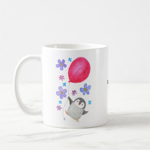 Caneca De Café Nome Personalizado Cute Baby Penguin Holding Balão