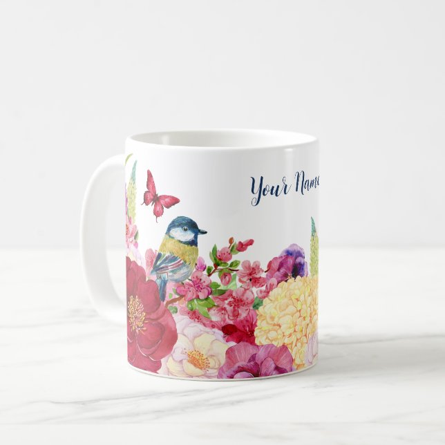 Caneca De Café Nome personalizado da borboleta de ave florescente (Frente Esquerda)