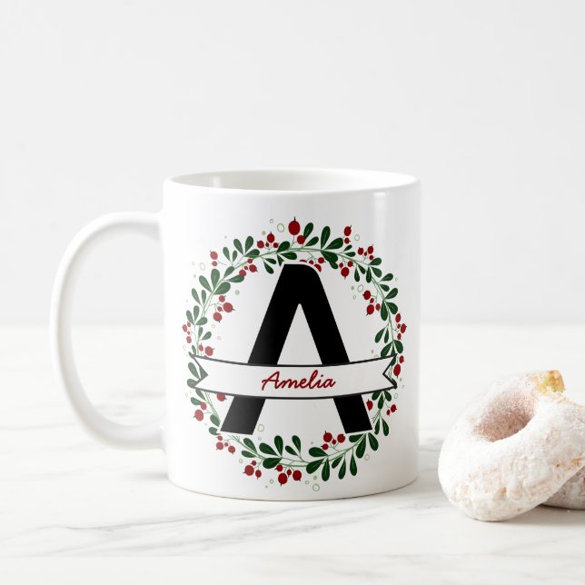 Caneca De Café Nome Personalizado da Carta de Natal Inicial Perso (Com Donut)
