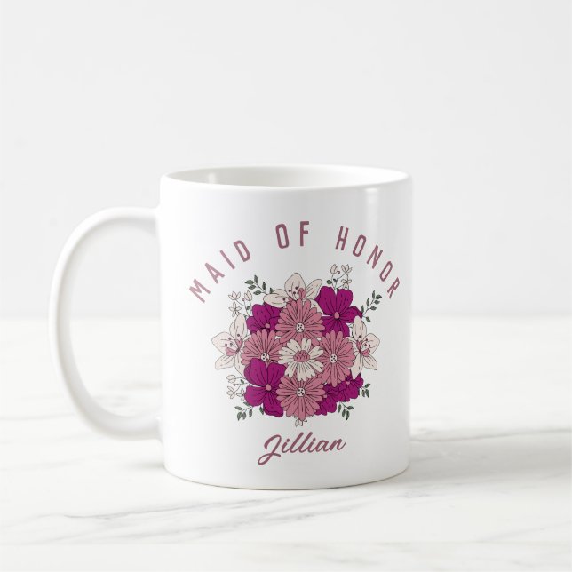 Caneca De Café Nome Personalizado da Flor Rosa Escuro Bridesmaid  (Esquerda)