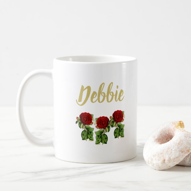 Caneca De Café Nome personalizado da flor vermelha e das folhas v (Com Donut)