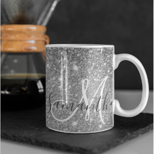 Caneca De Café Nome Personalizado da Glitter da Cinza Moderna