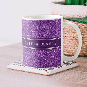 Caneca De Café Nome Personalizado da Glitter Roxo (faux)
