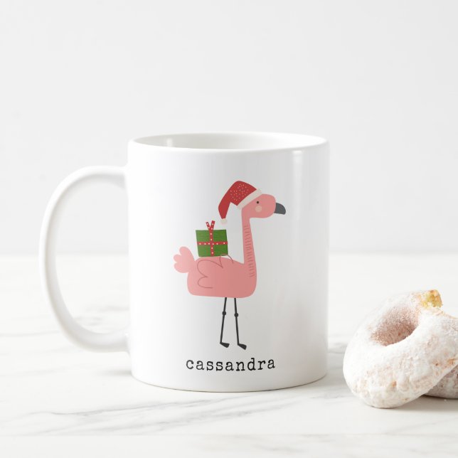 Caneca De Café Nome Personalizado da Ilustração Flamingo de Natal (Com Donut)