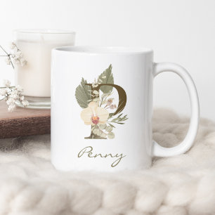 Caneca De Café Nome Personalizado da Orquídea Floral Inicial P B