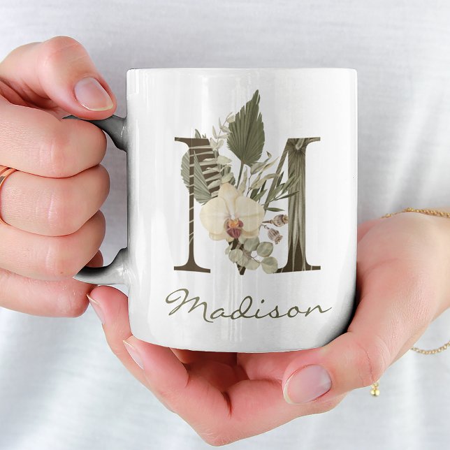 Caneca De Café Nome Personalizado da Orquídea Floral M Boho M Boh (This mug has your name on it, literally! Enjoy the lovely floral orchid design and make it yours.)