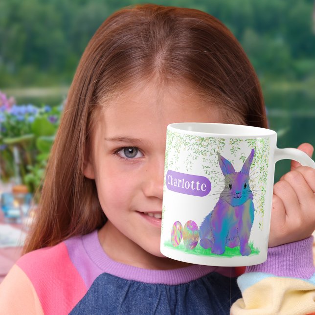 Caneca De Café Nome Personalizado da Páscoa Bunny Roxo (Personalized girl name cute Easter bunny egg hunt spring brunch garden party mug Colorful watrcolor)