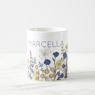Caneca De Café Nome personalizado das flores e borboletas colorid