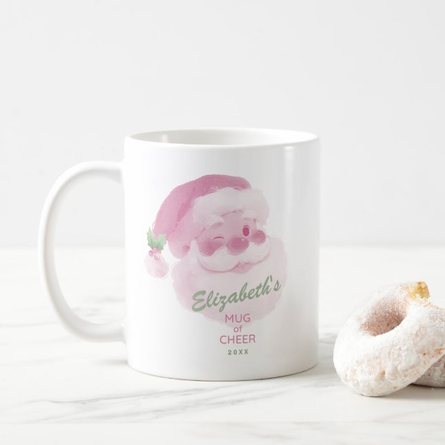 Caneca De Café Nome Personalizado Data Rosa e Verde Alegria Natal (Com Donut)