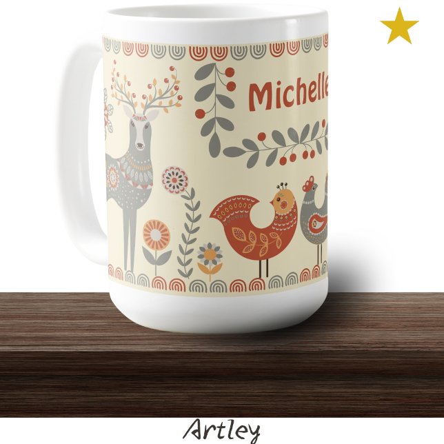 Caneca De Café Nome Personalizado de Animais de Arte Folclórica d (Criador carregado)