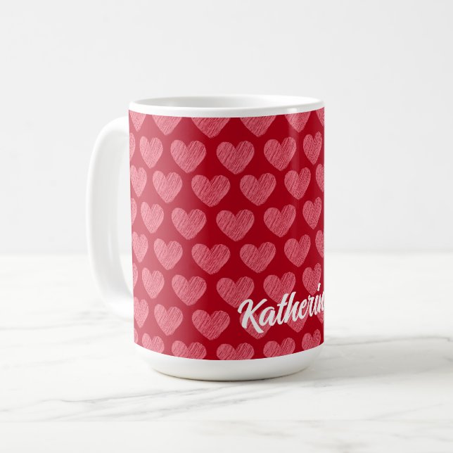 Caneca De Café Nome Personalizado de Corações Vermelhos e Rosa Pe (Frente Esquerda)