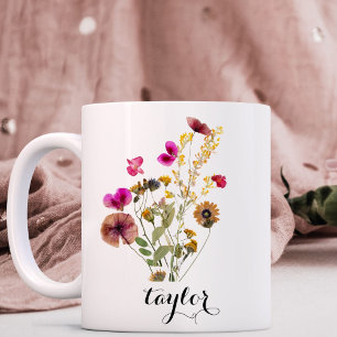Caneca De Café Nome Personalizado de Flor Selvagem