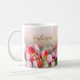 Caneca De Café Nome Personalizado de Florais de Tulipas Coloridas