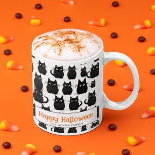 Caneca De Café Nome Personalizado de Gatos Negros Feliz Halloween