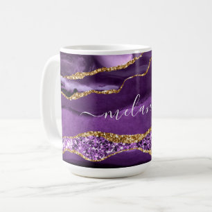 Caneca De Café Nome Personalizado de Geodo Glitter Dourado Roxo C