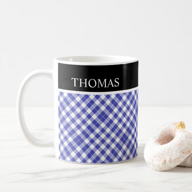 Caneca De Café Nome Personalizado de Gingham Branco Azul Personal (Com Donut)