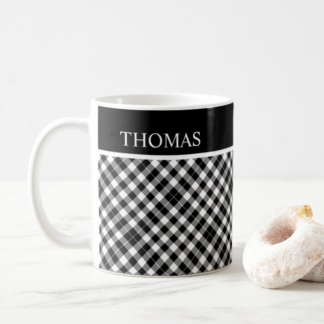 Caneca De Café Nome Personalizado de Gingham Branco Preto Persona (Com Donut)