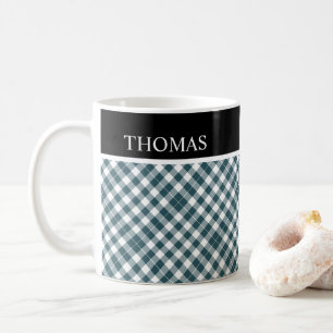 Caneca De Café Nome Personalizado de Gingham Branco Verde Persona