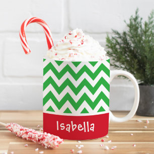 Caneca De Café Nome Personalizado de Natal Chevron Verde Festivo
